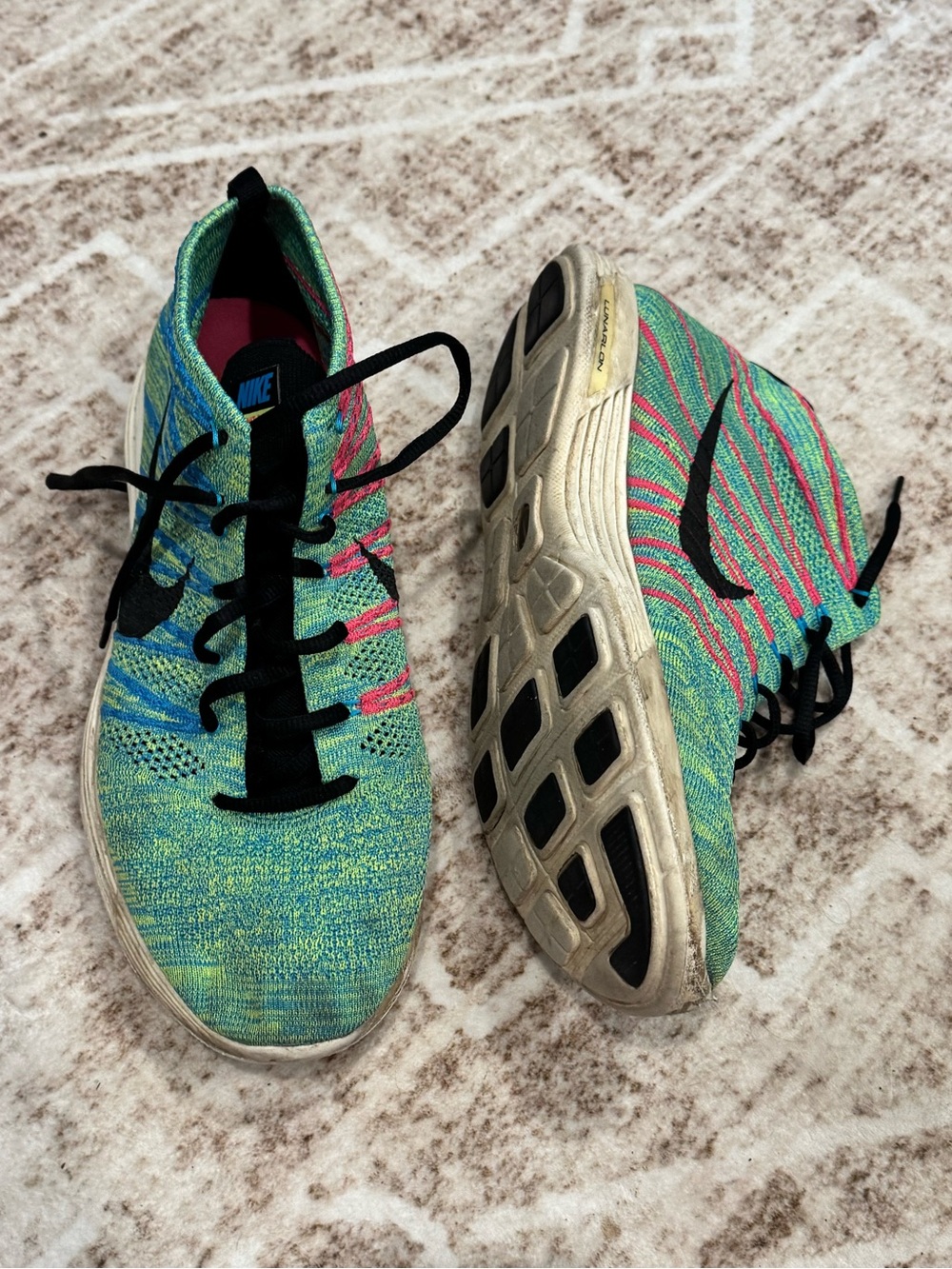 Nike Men’s Multicolor Flyknit Running Shoes - Green Pink Blue with Black